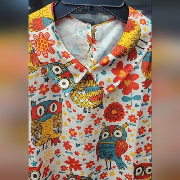 Owl Print Collared Short Sleeve Shirt XXL - Picture 3 of 5